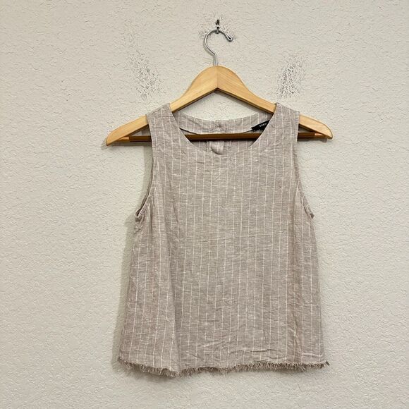 DREW Tank Top Sand Beige Burlap Striped Sleeveless Fringed Linen Blend - Picture 1 of 9
